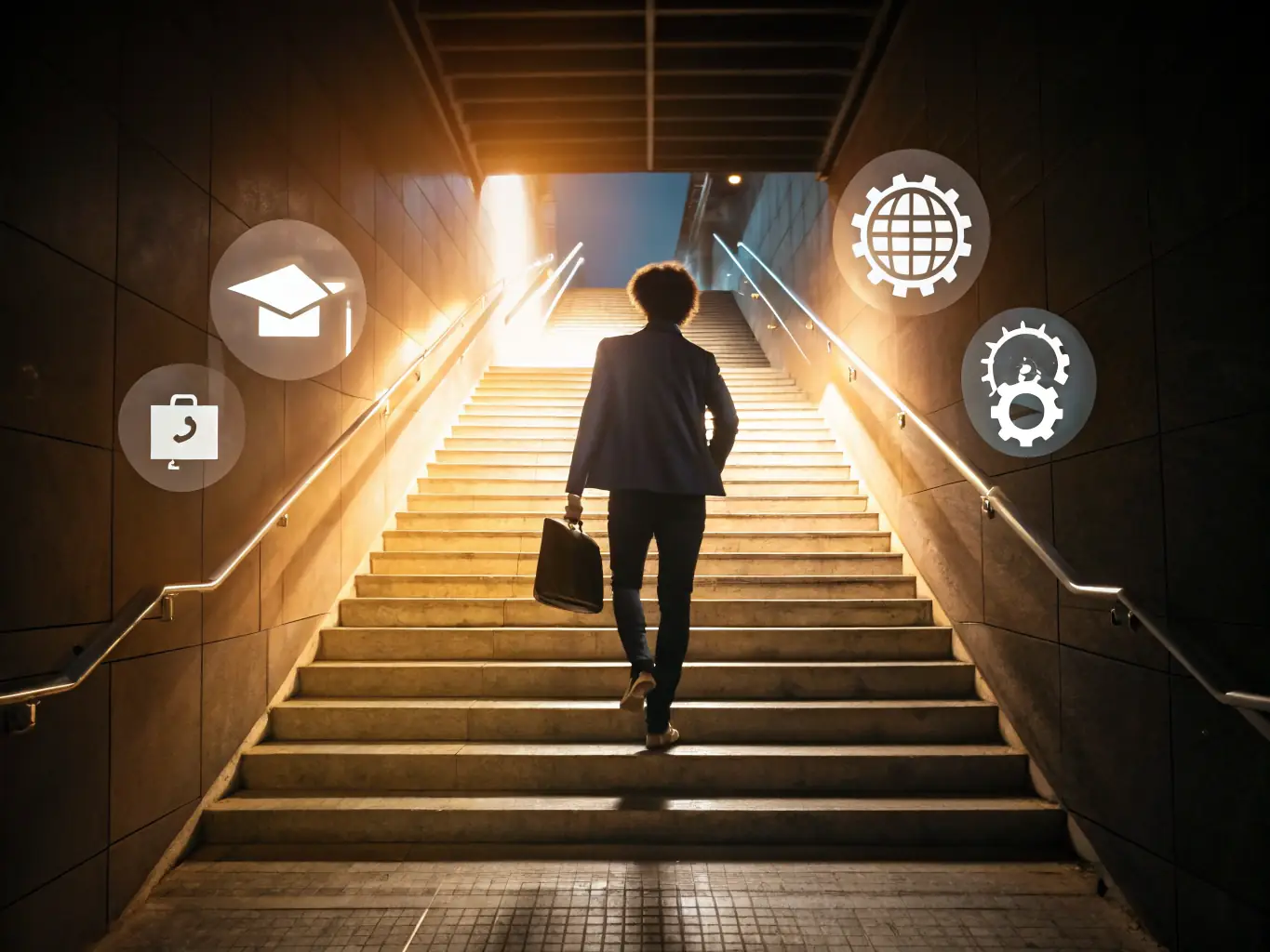 A professional in a business suit confidently strides up a staircase, symbolising career progression and advancement, set against a backdrop of modern office buildings.